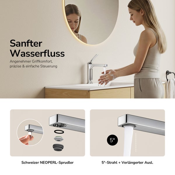 Waschtischarmatur im Badezimmer mit sanftem Wasserfluss und Schweizer Neoperl Strahlregler