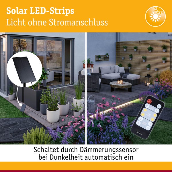 Solar LED Streifen beleuchten eine Terrasse mit Möbeln und Pflanzen.