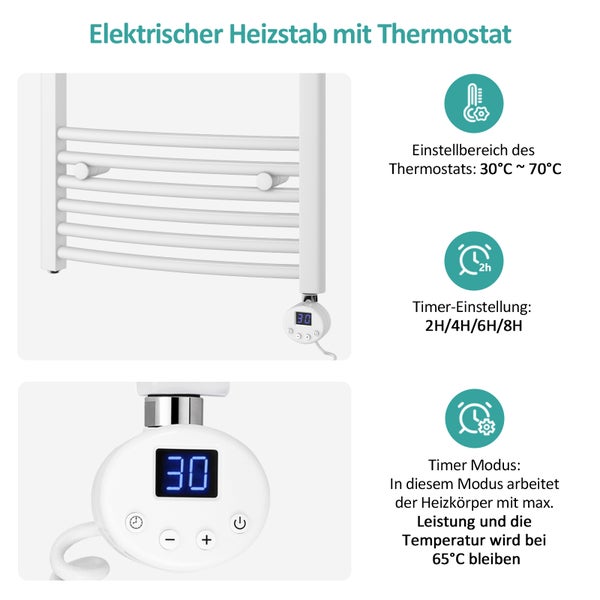 EMKE Elektrischer Badheizkörper Gebogen Badheizkörper Elektrisch mit Thermostat, Handtuchtrockner mit Heizstab,Weiß,140x40cm,479W