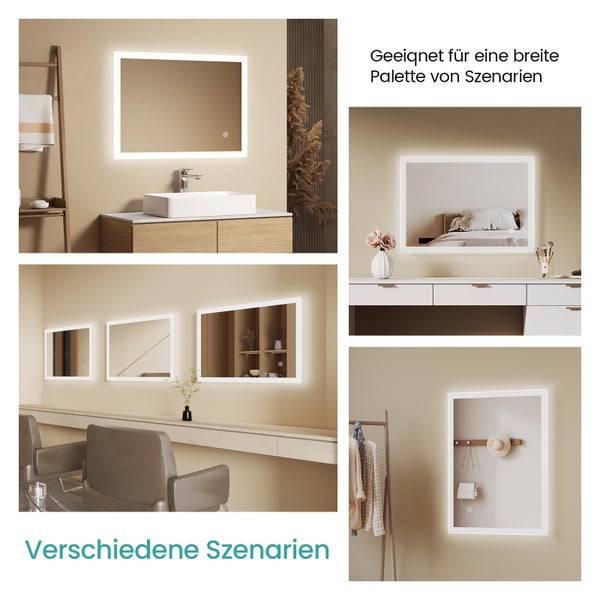Beleuchteter Badezimmerspiegel, 800 Millimeter breit, 600 Millimeter hoch, 35 Millimeter tief. Touchtasten, Antibeschlag, Dimmer, drei Lichtfarben.