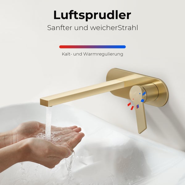 EMKE Waschtischarmatur Unterputz, Wasserhahn Bad Unterputz, 2-Loch Armatur aus Kupfer, Einhebelmischer zur Wandmontage, 288×210×70 mm, Champagne Gold, für Badezimmer Waschbecken