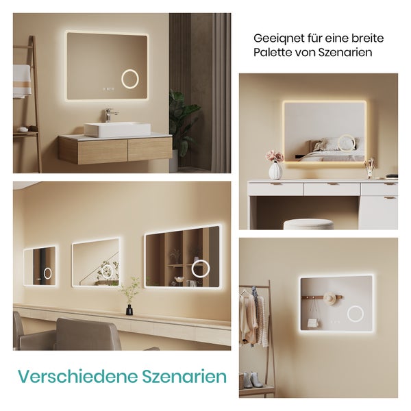 Collage mit beleuchteten Spiegeln in Badezimmer-, Schlafzimmer- und Ankleidezimmerszenen