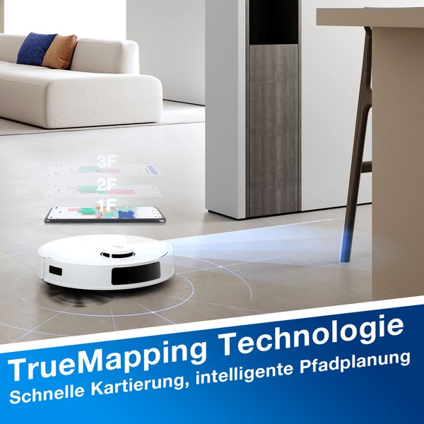 Saugroboter mit TrueMapping Technologie und intelligenter Pfadplanung in einem modernen Wohnraum.
