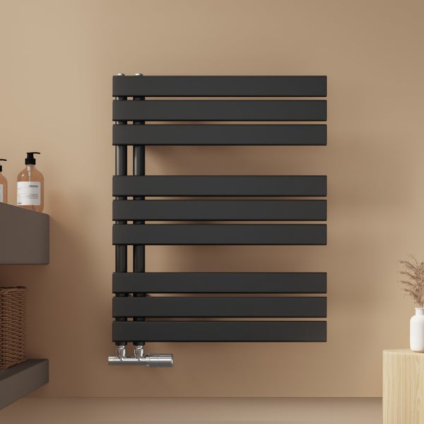 EMKE Badheizkörper Flach Design Heizkörper 762x600 mm, Handtuchtrockner und Handtuchwärmer für Badezimmer, mit Seitenanschluss, für Warmwasser/Zentralheizung, Schwarz, 479 W