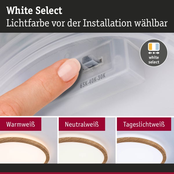Einstellbare Lichtfarbe vor der Installation bei der LED-Leuchte mit White Select Funktion.