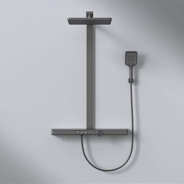 EMKE Duschsystem mit Thermostat, Duscharmatur Komplettset, 36 cm eckige Regendusche, 3 Wasserauslässe, Handbrause mit 3 Strahlarten, KTW-zertifiziert, 71 cm Ablagearmatur, 1,5 m Brauseschlauch, Matt Schwarz