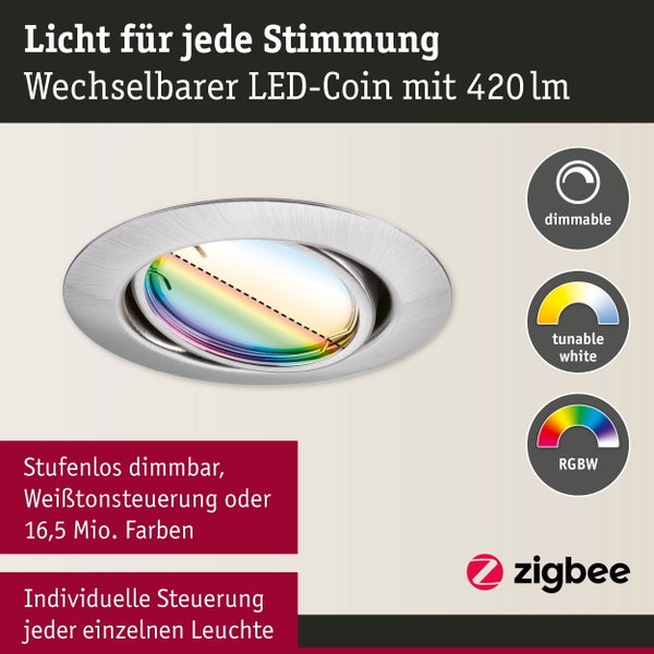 LED Einbauleuchte Smart Home Zigbee 3.0 Base Coin Basisset schwenkbar rund 90mm 20° Coin 3x4,9W 3x420lm 230V dimmbar RGBW+ Eisen gebürstet