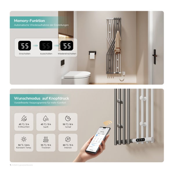 Infografik zur Memory Funktion und den Heizprogrammen eines smarten Badheizkörpers mit App Steuerung in einem modernen Badezimmer.
