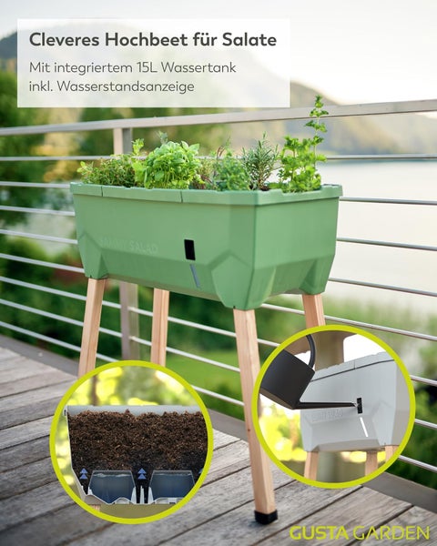 Hochbeet auf Holzfüßen mit integriertem 15 Liter Wassertank und Wasserstandsanzeige für Kräuter und Salate.