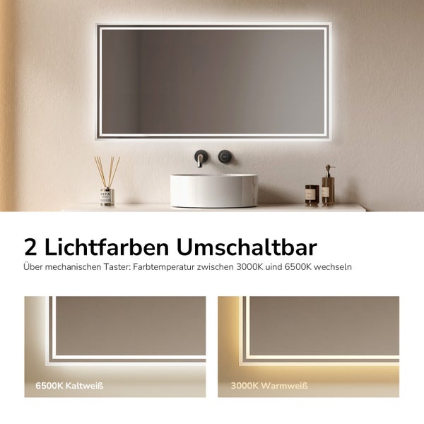 LED-Badezimmerspiegel mit umschaltbarer Farbtemperatur von 3000 Kelvin bis 6500 Kelvin mittels mechanischem Taster.