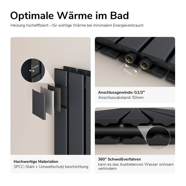 Detailansicht eines Badheizkörpers mit Informationen zu Material, Anschlussgewinde und Schweißverfahren