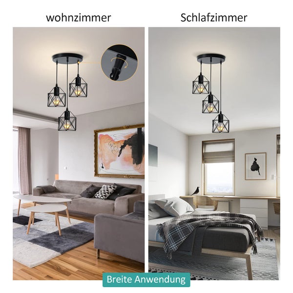 EMKE Pendellampe 3 flammige Kronleuchter Vintage Pendellampe Retro Hängelampe Deckenleuchter, Schwarz Lampenschirm für E27, Wohnzimmer Cafe (1 Set)