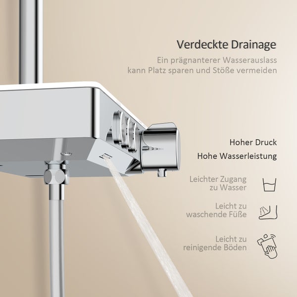 Nahaufnahme einer Duscharmatur mit verborgener Entwässerung, hohem Wasserdruck und einfacher Reinigung.
