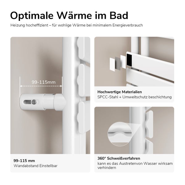 Details eines Heizkörpers für das Badezimmer, mit Fokus auf die Wandbefestigung und Materialbeschaffenheit