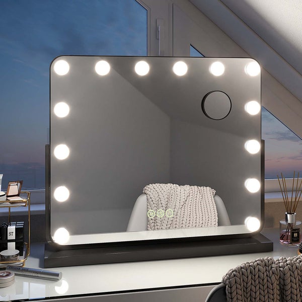 EMKE Hollywood Kosmetikspiegel mit Beleuchtung 600x516 mm, Tischspiegel mit Touchschalter, 14 dimmbare LEDs, 3 Lichtfarben, 7x Vergrößerung, Memory-Funktion, 360° drehbar, Schwarz
