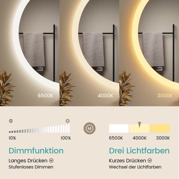 EMKE Badspiegel mit Beleuchtung Ø50 cm, rund, LED Wandspiegel, Touch-Schalter, dimmbar, Anti-Beschlag, 4 mm Glas, Memory, satiniert, rostfrei, für Badezimmer