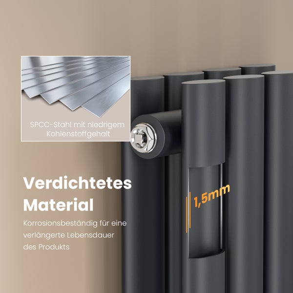 EMKE Badheizkörper 600×240 mm, Designheizkörper, Vertikal, Doppelrohr oval, 248 W, Anthrazit, für Warmwasserbetrieb, für Bad, Zentralanschluss