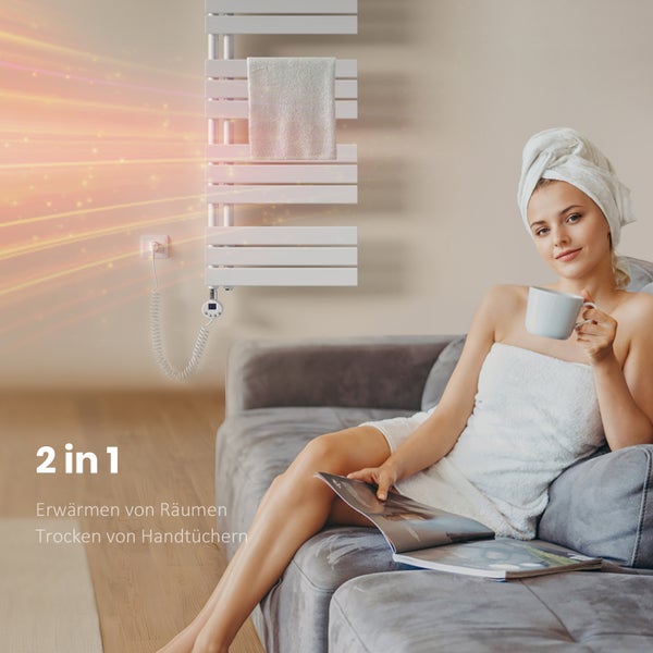EMKE Elektrischer Handtuchheizkörper 40×76 cm, mit Thermostat & Timer, vertikal, seitlich offen, 400 W, Weiß, für Badezimmer