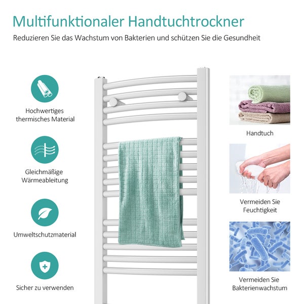 EMKE Elektrischer Badheizkörper Gebogen Badheizkörper Elektrisch mit Thermostat, Handtuchtrockner mit Heizstab,Weiß,140x40cm,479W