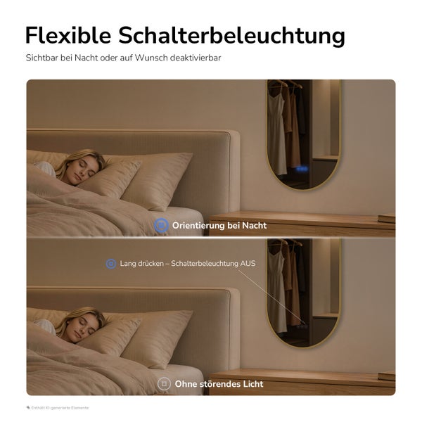 Wandspiegel mit schaltbarer Beleuchtung zur Orientierung bei Nacht, montiert über einem Schlafzimmermöbel neben einem schlafenden Menschen.