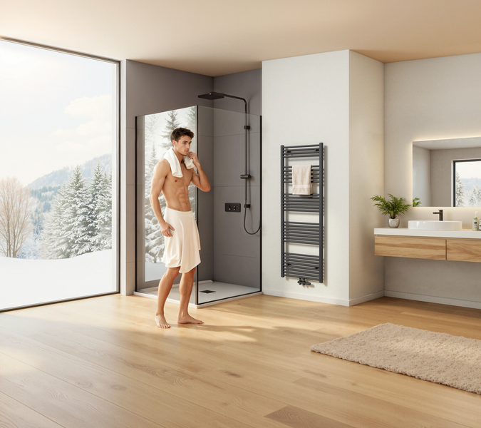 Helles Badezimmer mit Dusche, Handtuchwärmer und großem Fenster mit Winterlandschaft