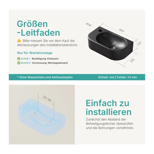 EMKE Hängewaschbecken Ecke 400x215 mm, rechteckiges Keramik-Wandwaschbecken, Hahnloch links, Höhe 12 cm, Schwarz