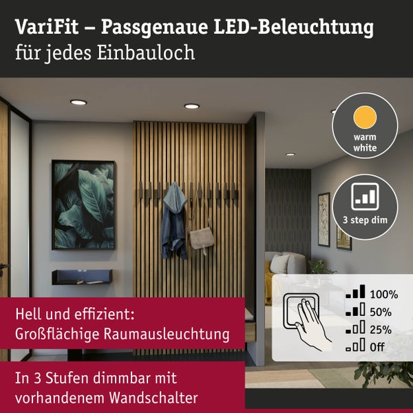 VariFit LED Einbaupanel 3-Step-Dim Areo IP44 rund 175mm 13W 1300lm 3000K Schwarz dimmbar