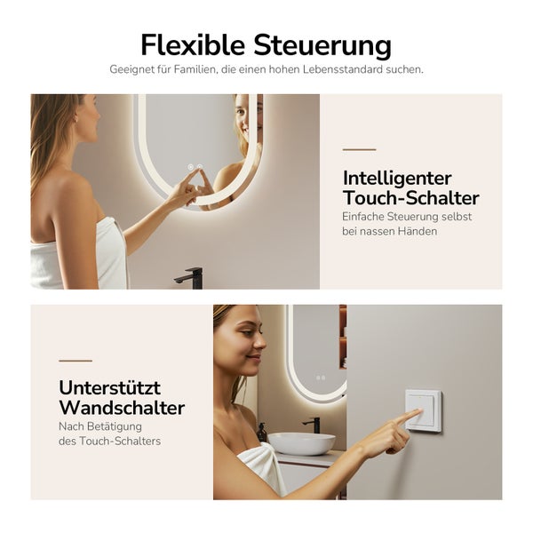 Funktion eines Spiegels mit Touchschalter und Wandschalter im Badezimmer.