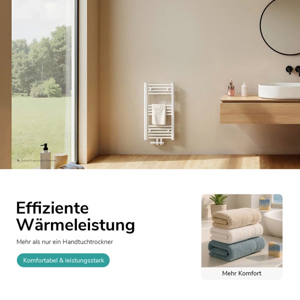 Moderner Badheizkörper als Handtuchtrockner in einem hellen Badezimmer mit Holzwaschtisch und Fensterfront mit Ausblick ins Grüne.