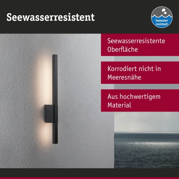 Moderne schwarze seewasserresistente Außenwandleuchte aus hochwertigem Material, korrosionsbeständig in Meeresnähe.