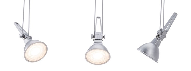 Verstellbarer Strahler für Seilsysteme aus drei Perspektiven.