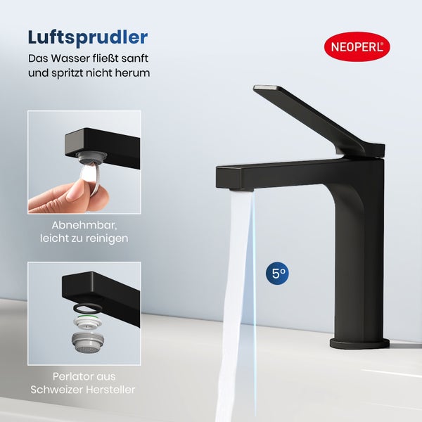 Schwarzer Wasserhahn mit Luftsprudler und Neoperl Logo