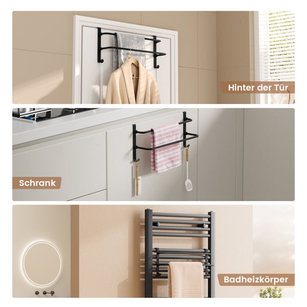 Drei Bilder zeigen eine Tür-Garderobe, eine Schrank-Garderobe und einen Badheizkörper.