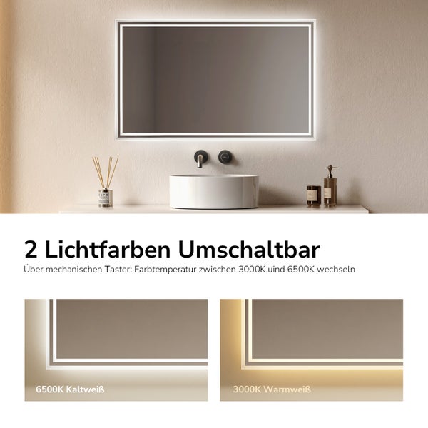LED Badezimmerspiegel mit umschaltbarer Lichtfarbe zwischen 3000 Kelvin warmweiß und 6500 Kelvin kaltweiß über einen mechanischen Taster.