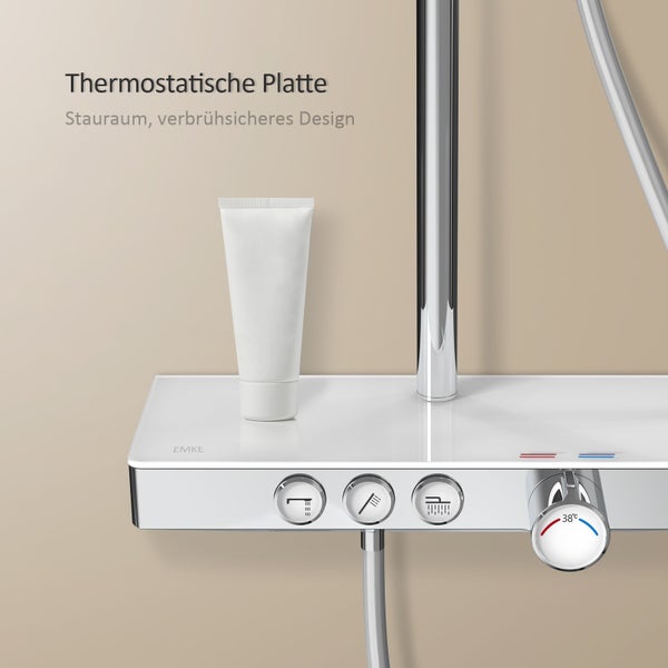 Thermostatplatte mit Ablagefläche, einer Tube und Bedienelementen für die Dusche