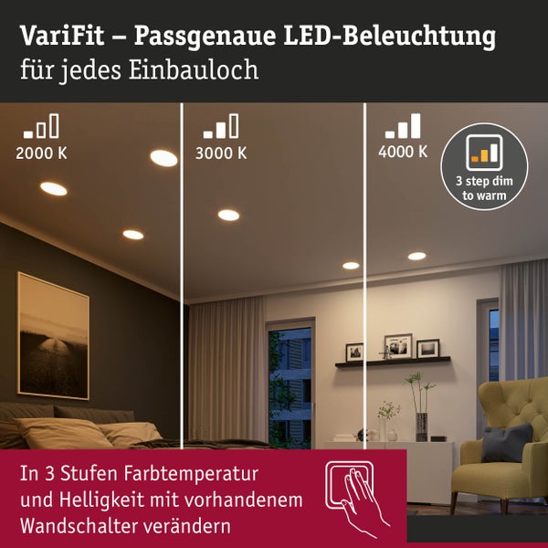 VariFit LED Einbaupanel Dim to Warm Areo IP44 rund 230mm 16W 1400lm 3 Step Dim to warm Chrom matt dimmbar