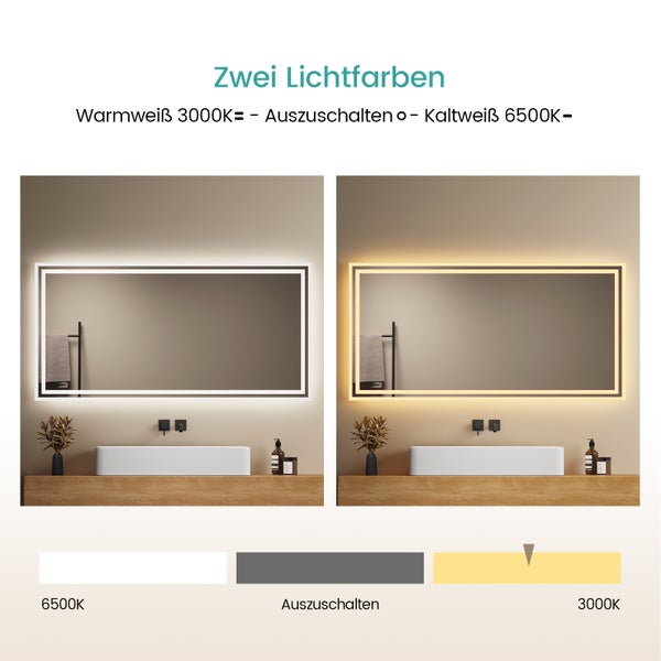 EMKE LED Badspiegel mit Beleuchtung, 120 x 60 cm, Kaltweiß/Warmweiß, Kippschalter, Anti-Beschlag, 5mm Kupferfreies, Rostfreies Glas, Horizontal/Vertikal Montierbar
