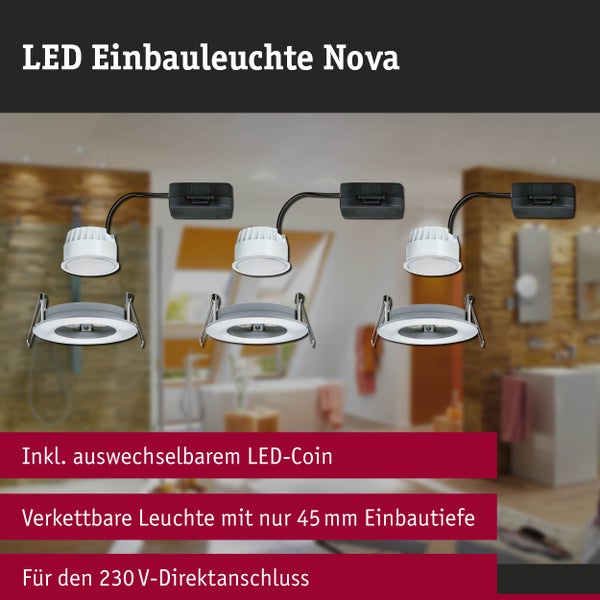 Set aus drei LED-Einbauleuchten Nova mit austauschbarem LED-Coin, verkettbar, 45 Millimeter Einbautiefe, für 230 Volt Direktanschluss.