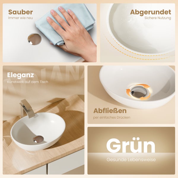 Produktvorteile eines Aufsatzwaschbeckens dargestellt: leichte Reinigung, runde Form für sichere Nutzung, elegantes Design, einfaches Abfließen durch Drücken, umweltfreundliche Materialien für gesunde Lebensweise.