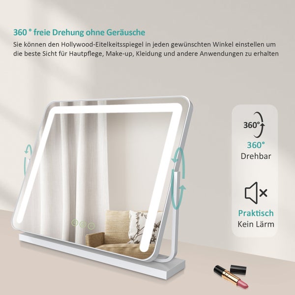 EMKE LED-Kosmetikspiegel 500x416mm, dimmbar mit 3 Lichtfarben, Touchschalter & Memory-Funktion, 360° drehbar, HD-Spiegelfläche, bohrfrei, Weiß