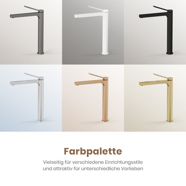 Farbauswahl für Waschtischarmaturen in Grau, Weiß, Schwarz, Silber, Kupfer und Gold