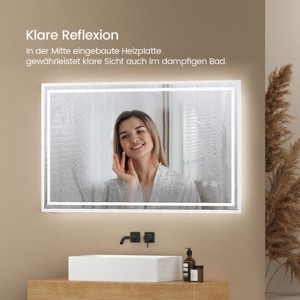 EMKE Badspiegel mit LED-Beleuchtung 100 x 60 cm, Kaltweiß 6500K, Touchschalter & Beschlagfrei, dimmbar, IP44, für Bad