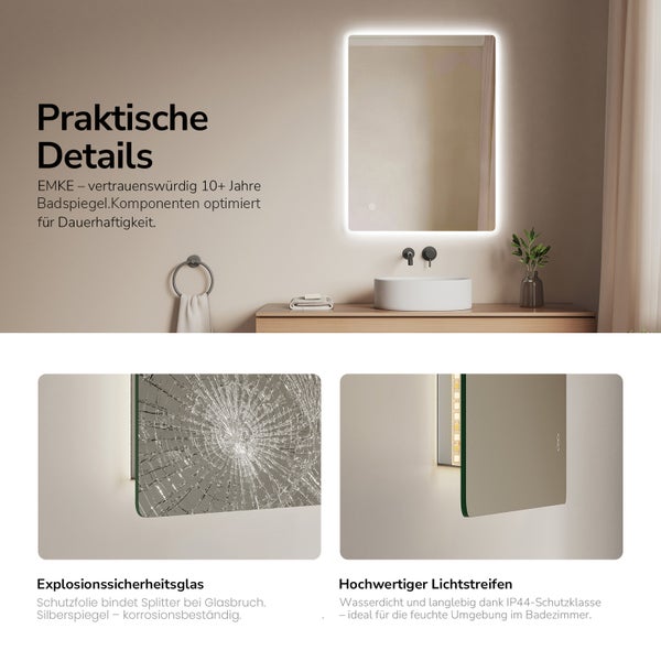 Beleuchteter EMKE Badezimmerspiegel mit LED, explosionsgeschütztem Sicherheitsglas und wasserdichtem IP44 Lichtstreifen für das Badezimmer.