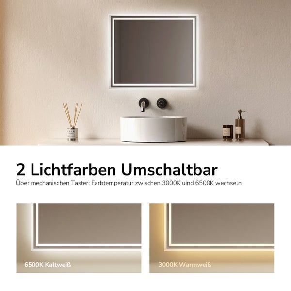 Moderner LED-Badspiegel über einem Waschbecken, umschaltbare Lichttemperatur von 3000 bis 6500 Kelvin für warmes oder kaltes Licht.