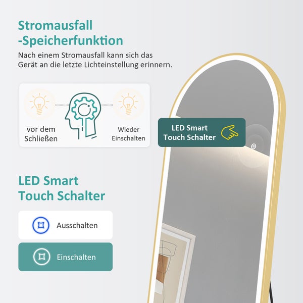 EMKE Bogen Standspiegel, Ganzkörperspiegel mit LED-Beleuchtung, 3 einstellbare Lichtfarben und dimmbar, Aluminiumrahmen in Gold, 160 x 60 cm, ideal für Wohn-, Schlaf-, Aufenthalts- und Ankleidezimmer