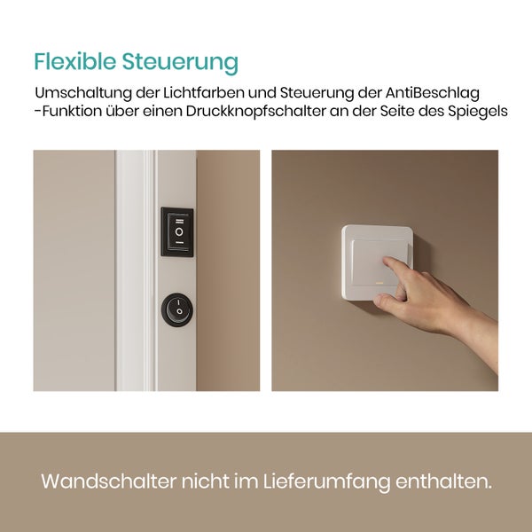 EMKE Badspiegel mit LED-Beleuchtung 70 x 50 cm, beschlagfrei, rostfreier Spiegel, Warmweiß/Kaltweiß, seitlicher Kippschalter, mattierter Rand, IP44, für Bad