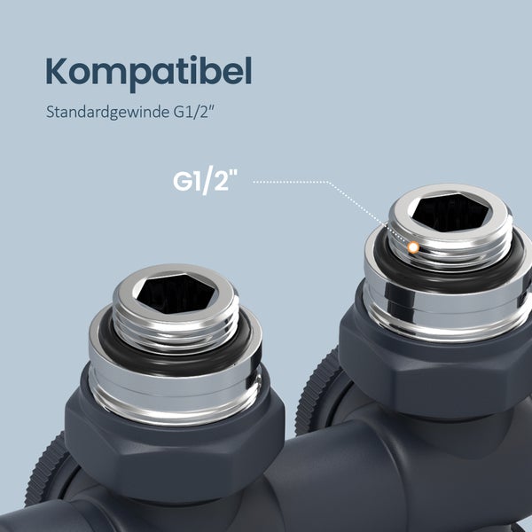 EMKE Heizkörperthermostat Multiblock-Set – Anschlussarmatur mit Thermostat für Heizkörper und Handtuchtrockner, Heizungszubehör in Eck- und Durchgangsform φ16xG1/2, Anthrazit
