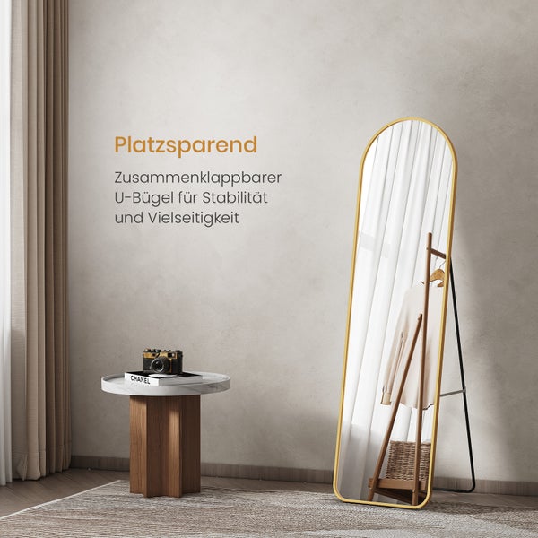 EMKE Bogen Standspiegel 140 x 40 cm, 2-in-1 Ganzkörperspiegel zum Aufstellen oder vertikalen Wandmontage, mit kupferfreiem und rostfreiem Spiegelglas, Aluminiumrahmen in Gold, ideal für Schlaf- und Ankleidezimmer
