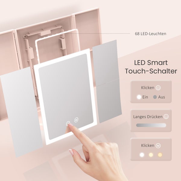 EMKE Schminkspiegel LED Kosmetikspiegel Vergrößerungsspiegel zweiseitig Touchschalter,3 Lichtfarben Dimmbar, USB Aufladbar,2x/5x Vergrößerung Rosa