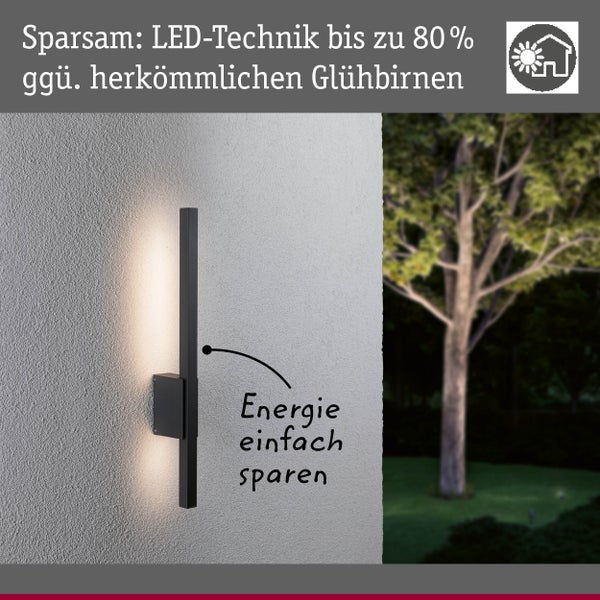 Schlanke schwarze LED-Außenwandleuchte an einer Wand mit Lichtschein nach oben und unten, 80 Prozent Energieersparnis, im Hintergrund ein Garten.